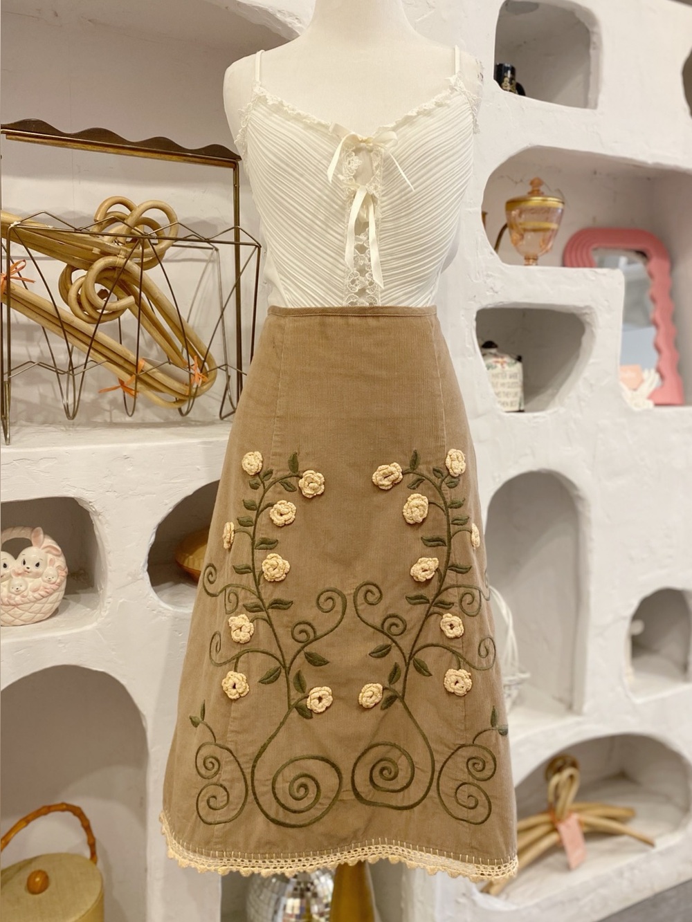 Y2K Corduroy A-Line Midi Skirt with Thick Floral Embroidery & Green Vines